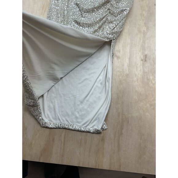 WILDFOX sequin ruched side slit midi skirt Gold Sz S Lined Pull on Elastic Waist - Picture 2 of 6